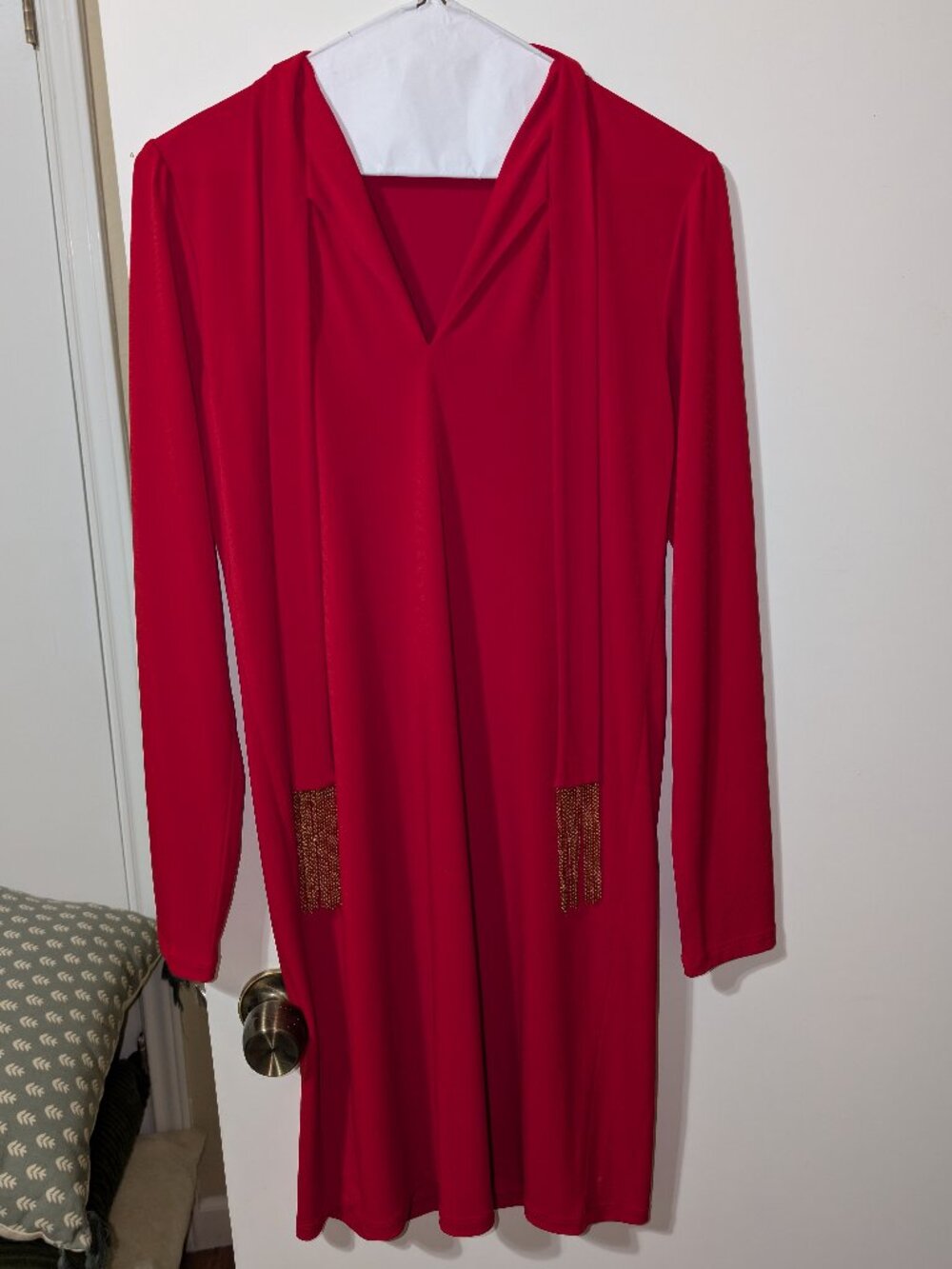 Michael Kors Red Long Sleeve V-Neck Shift Dress Gold Chain Tassels Size S